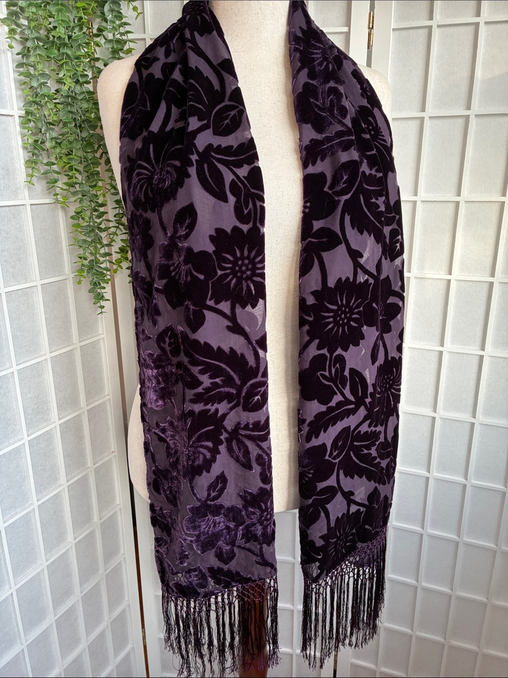 Zazou Luxe Silk & Velvet Plum Purple Burnout Floral Scarf with Fringe